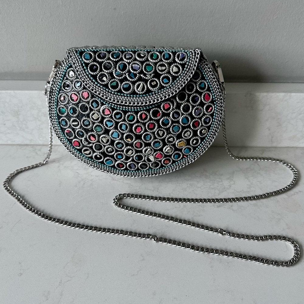 NEW Never Used Ramla Handmade Silver with Multi Colored Mosaic Beaded Clutch - Picture 2 of 8
